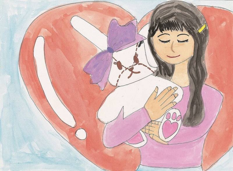 2026小陽光桌曆收錄陽光孩子畫作，「蝴蝶女孩」小昕就在其中，出生時左臉紅色血管瘤如蝴蝶展翅，但她不畏異樣眼光。圖為小昕作品「寶貝兔子」。（陽光基金會提供）