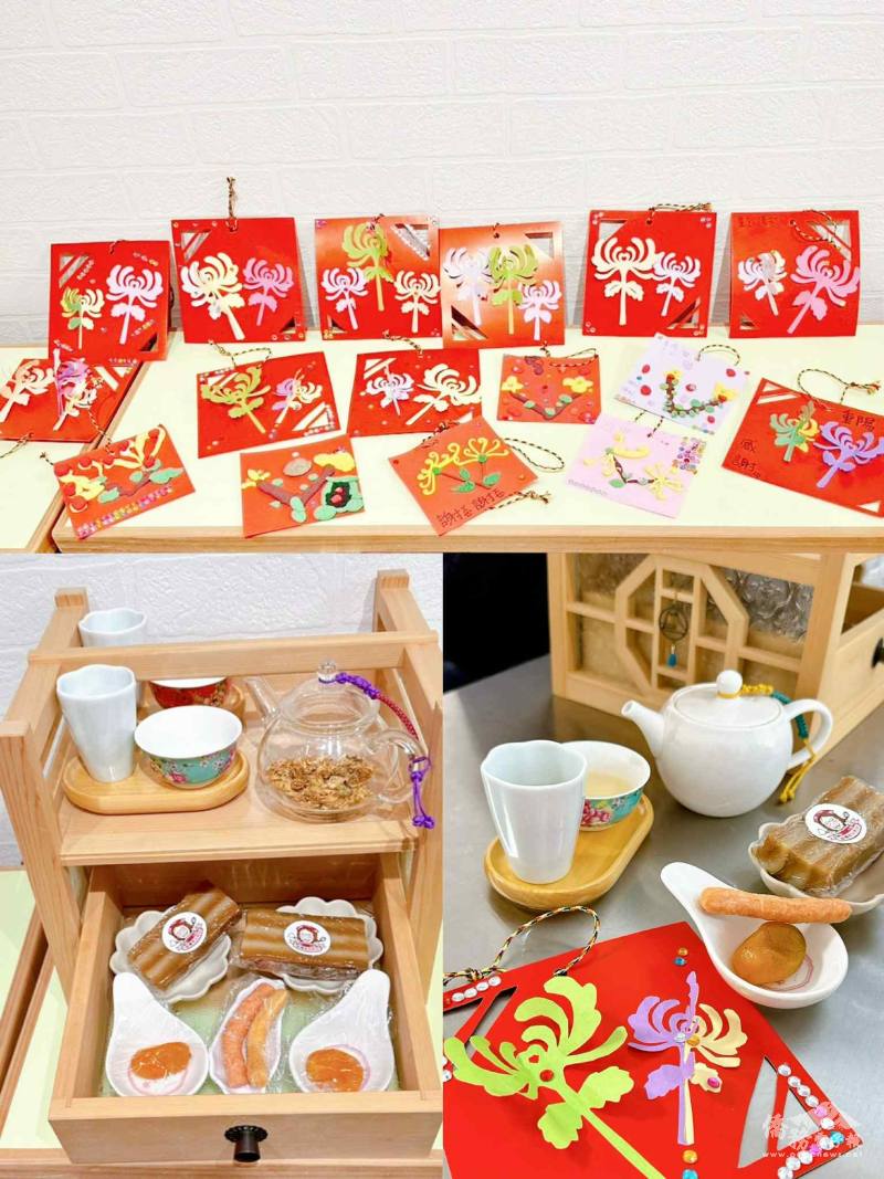 菊花作品與客家九層糕等臺灣糕點、菊花茶體驗