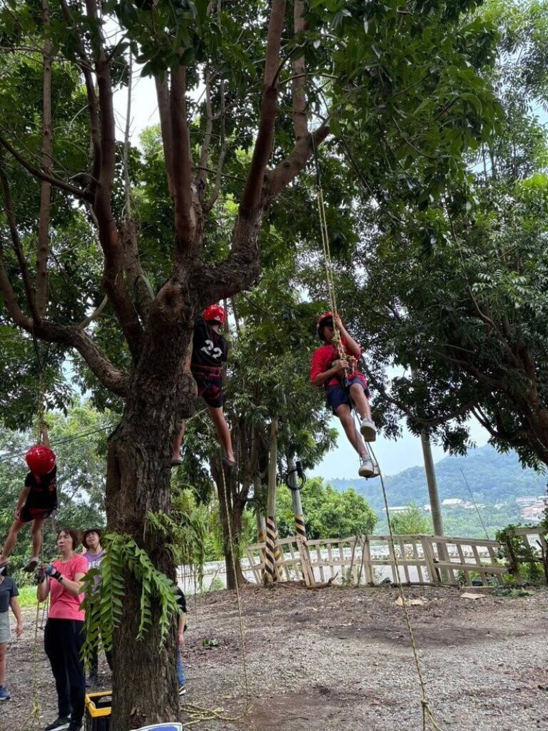 屏東縣政府守護孩子遊戲權，推出「玩轉屏東．童享平權」系列活動，遊戲內容多樣化，包含攀樹等戶外冒險體驗。（屏東縣政府提供）