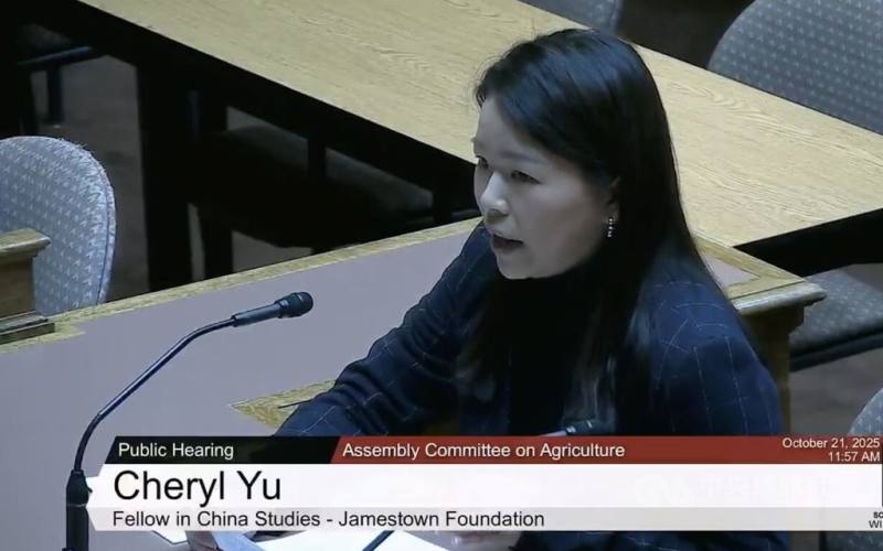 首頁 / 國際
台灣研究員偕美前大使作證　揭中共在美建立後勤網絡
2025/10/27 08:48（10/27 09:59 更新）
華府智庫詹姆士敦基金會研究員余雪莉（Cheryl Yu，音譯）21日赴威斯康辛州議會作證，支持禁止中共等外國敵對勢力收購不動產的法案。（圖取自州議會影片）