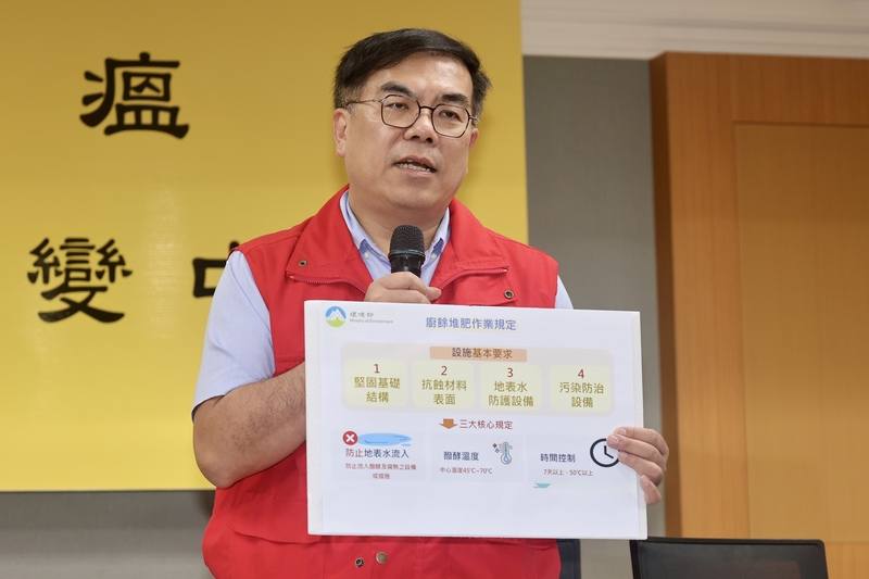 非洲豬瘟中央災害應變中心26日下午在農業部動植物防疫檢疫署舉行記者會，環境部長彭啓明（圖）說明廚餘堆肥作業規定