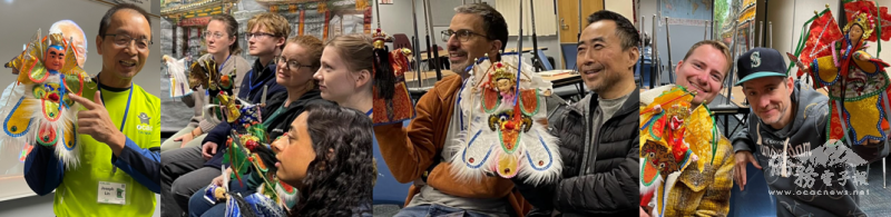 學員們聚精會神地欣賞臺灣布袋戲，學習如何使戲偶展現情感與動作