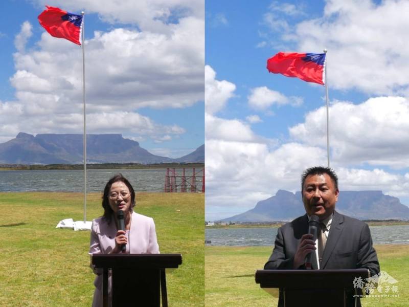 貴賓致詞。(左圖：駐開普敦辦事處處長陳瑩莉、右圖：開普敦臺灣商會會長邱昶瑋)