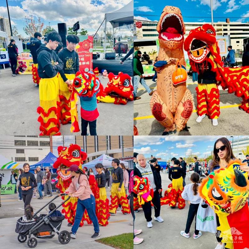 紅舞獅與DTE 電力公司的恐龍吉祥物巧遇，象徵東西方吉祥意象的融合，也為開幕活動增添不少趣味；隊友在公園巡演及教兒童舞獅。（謝雅玲、Laurie Lee攝影）