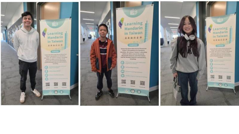 (左)  來自佛州的米凱勒（Mikele）、 (中) 黎明中文學校八年級的王榮曄、(右)江石立曾就讀維華中文學校，目前就讀大學