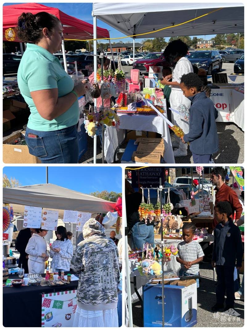 民眾駐足於藝文攤位（上圖及右下圖）及美食攤位（左下圖)