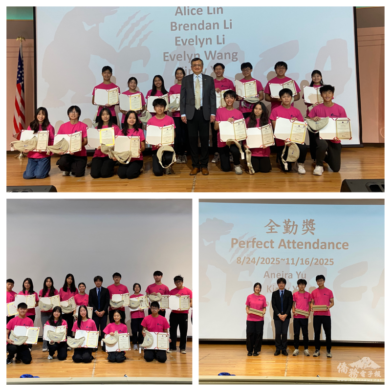 駐芝加哥辦事處處長類延峰與金、銀級志工合影(上圖)及文教中心主任蔡季穎與銅級、全勤志工合影(左右下圖)