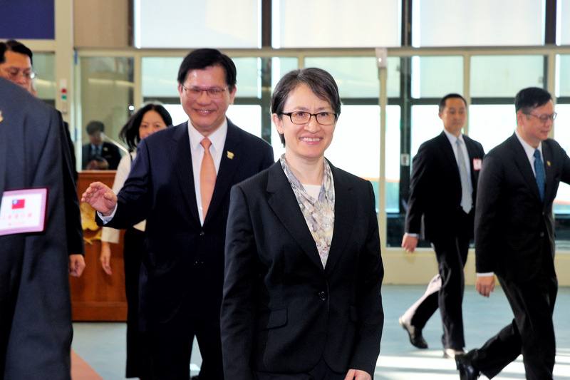Vice President Hsiao Bi-khim (front center) at the Taoyuan International Airport upon arrival to Taiwan Sunday. CNA photo Nov. 9, 2025