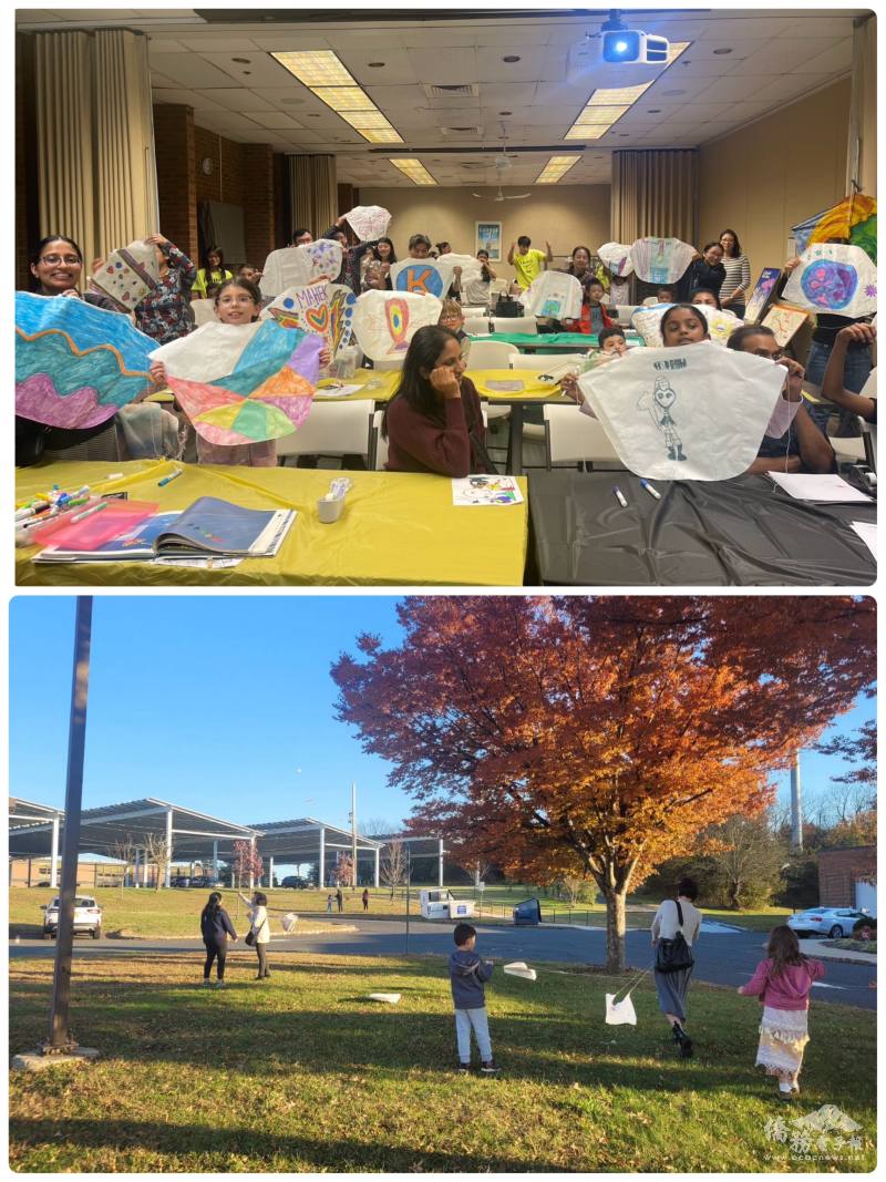 大家高舉親手完成的風箏，開心地合影留念，隨後在圖書館前的草地上迎風試飛。