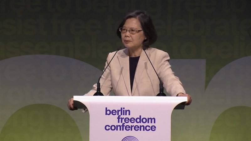 Former President Tsai Ing-wen delivers a speech at the Berlin Freedom Conference. Photo still from the event’s YouTube page