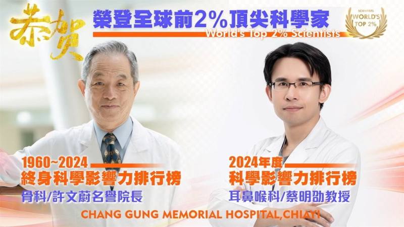 美國史丹佛大學公布2025年全球前2%頂尖科學家名單，嘉義長庚醫院骨科醫師許文蔚（左）與耳鼻喉科醫師蔡明劭（右）入選，分別獲終身影響力獎與年度影響力獎。（嘉義長庚醫院提供）