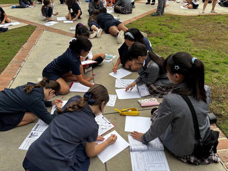國立台北教育大學附設實驗國民小學19名學生赴美交流，到洛杉磯郊區的巴沙迪納（Pasadena）Polytechnic School，與當地小學生一起上課。（北師附小洛杉磯校友會提供）