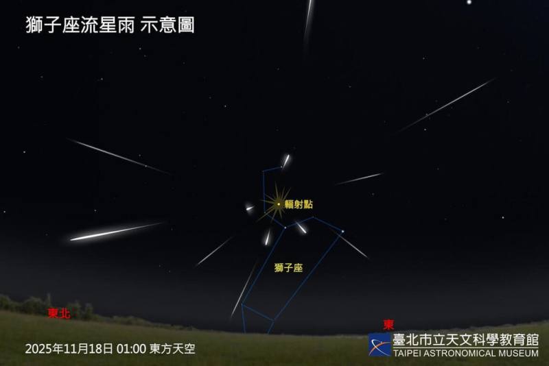 台北市立天文館15日表示，獅子座流星雨將在17日晚間登場，預估每小時天頂流星數約15顆，且因月相適逢殘月，干擾不大，是觀賞流星雨的好時機。（台北市立天文館提供）