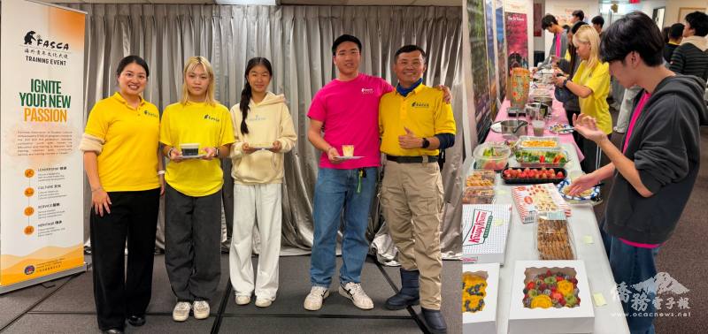 FASCA橙縣分會諮詢導師吳俊毅(左圖右1)及榮于嫺(左圖左1)，表揚「感恩節百味餐會」前三名拿手美味餐點得主(左圖左2至左4)劉怡得、張彥如及吳冠霆