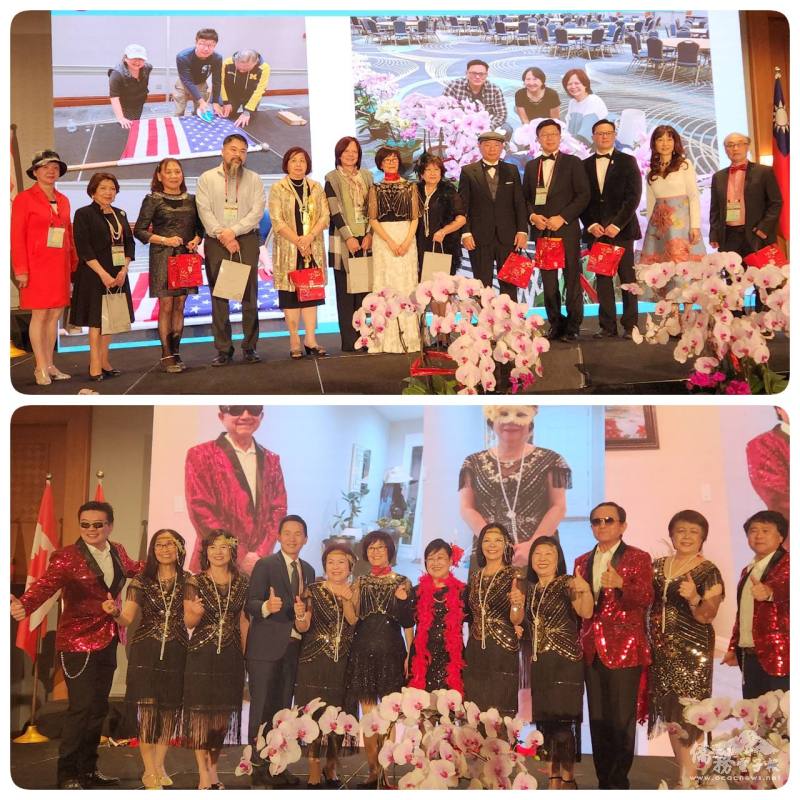 白越珠感謝大底特律區臺灣商會團隊(上圖)；徐佳青、白越珠以美國1920年代時尚Gatsby Night粉墨登場(下圖)