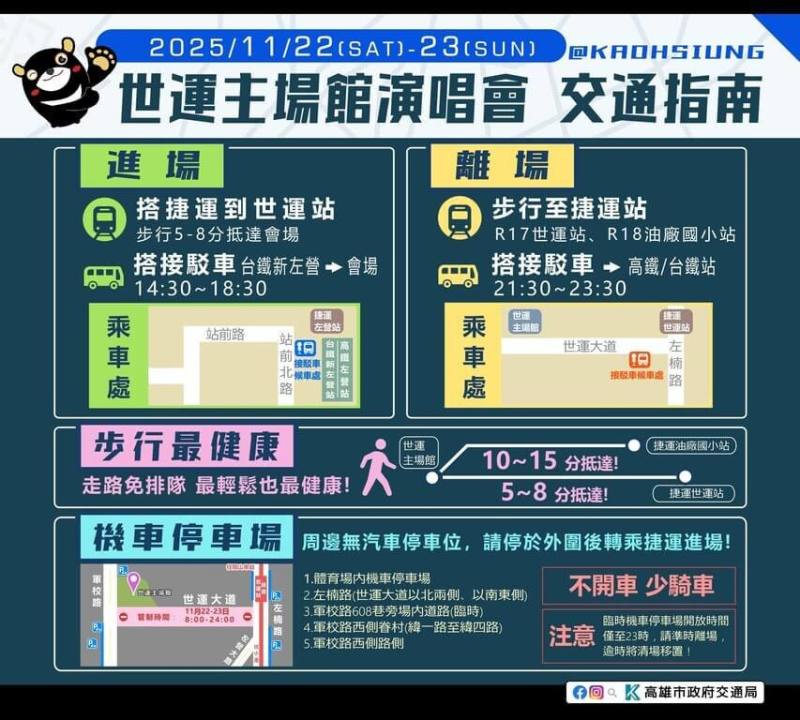韓國女團TWICE將於22、23日在高雄國家體育場開唱。市府交通局公布相關交通指南。（高雄市交通局提供）