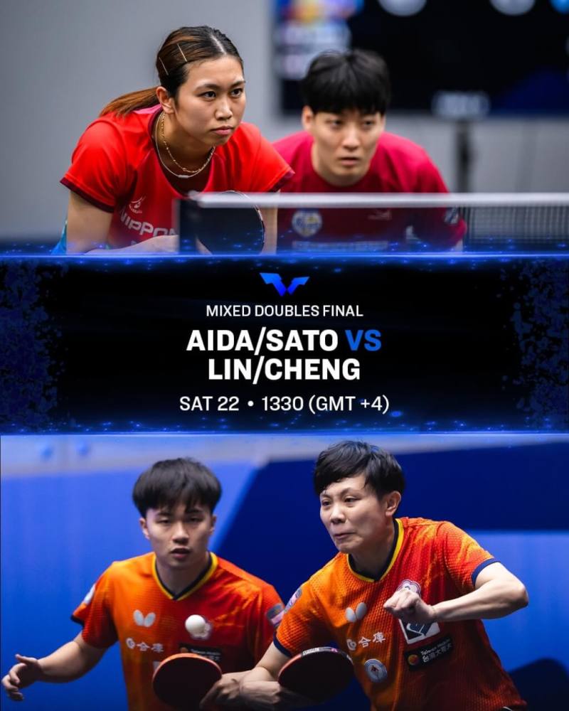 台灣桌球混雙「黃金組合」林昀儒（左下）、鄭怡靜（右下）22日在舉行的WTT馬斯喀特球星挑戰賽，對上日本削球組合英田理志、佐藤瞳。（圖取自facebook.com/WTT）