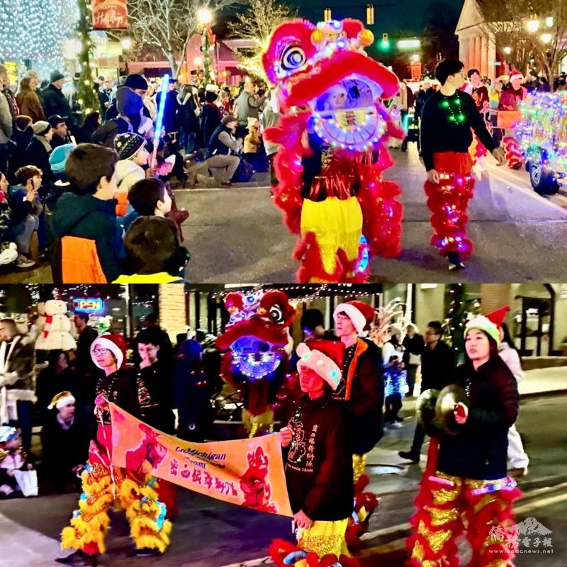 舞獅的隊友在寒風中前進，歡鑼喜鼓把歡笑及愛帶給Northville的孩子及居民