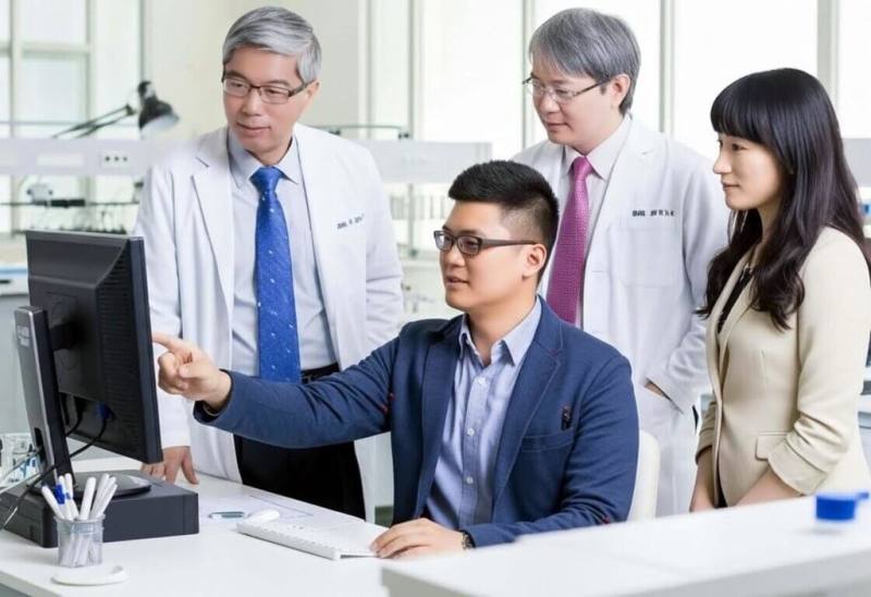 嘉義基督教醫院與成功大學最新研究，民眾短期內累積使用多種具抗膽鹼作用藥物，會顯著提高院外心臟驟停風險，研究成果登上國際心血管權威期刊，由嘉基副院長宋昇峯（後左）、急診醫師蔡銘仁（後中）、臨床數據中心主任楊昕禕（後右）及成大教授賴嘉鎮（前左）發表。（嘉基提供）