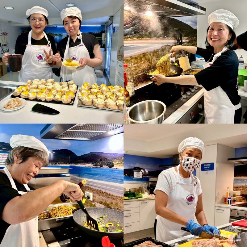 志工們精心準備多道菜色，包括臺式炒麵、煎餃、沙拉等充滿臺灣家常風味的料理