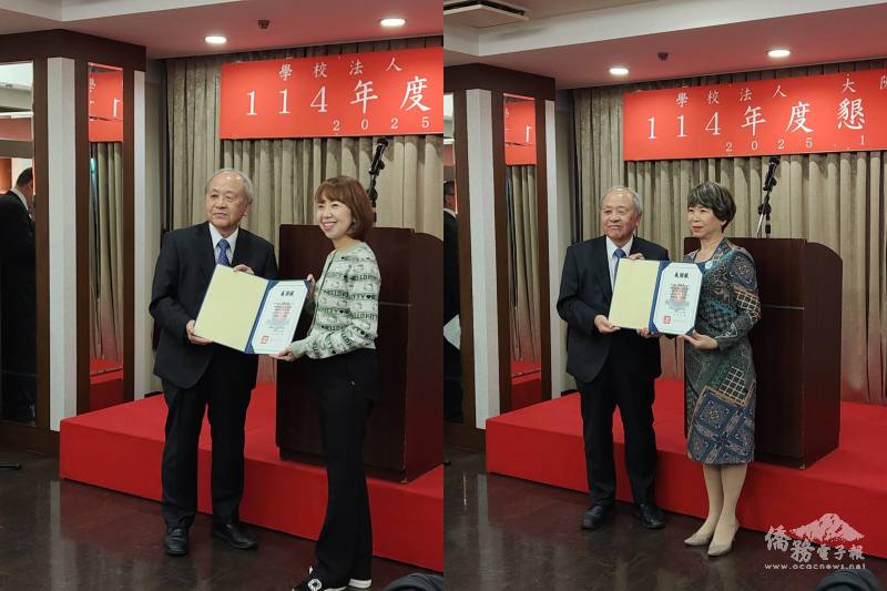 洪里勝信頒發感謝狀給洪麗華(右)及中西美姬(左)