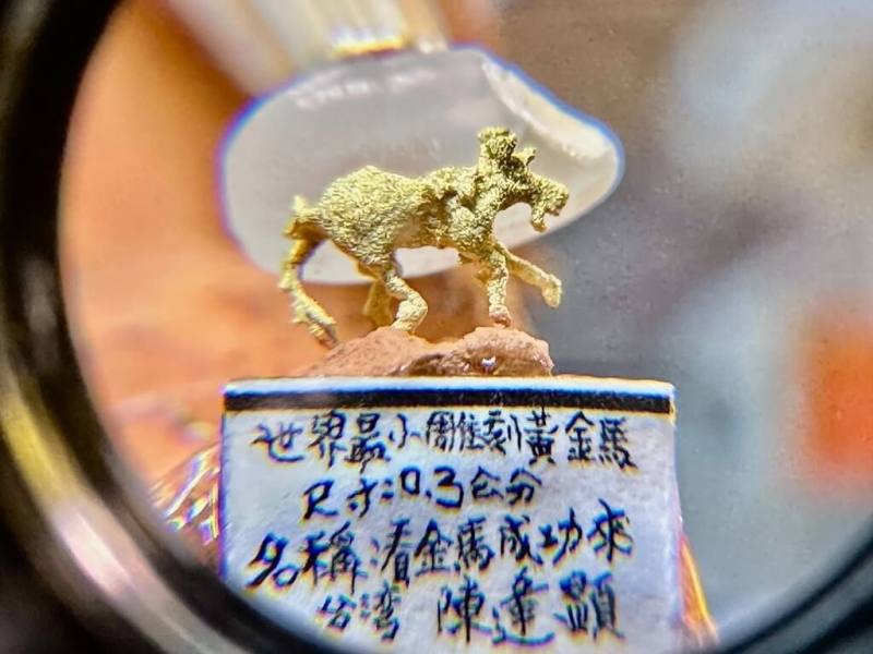 毫芒雕刻家陳逢顯29日為迎接即將到來的農曆馬年，耗時半年以黃金雕刻僅0.3公分大的「黃金馬」系列作品，挑戰金工極限，其中首件創作定名為「看金馬成功來」。（陳逢顯提供）