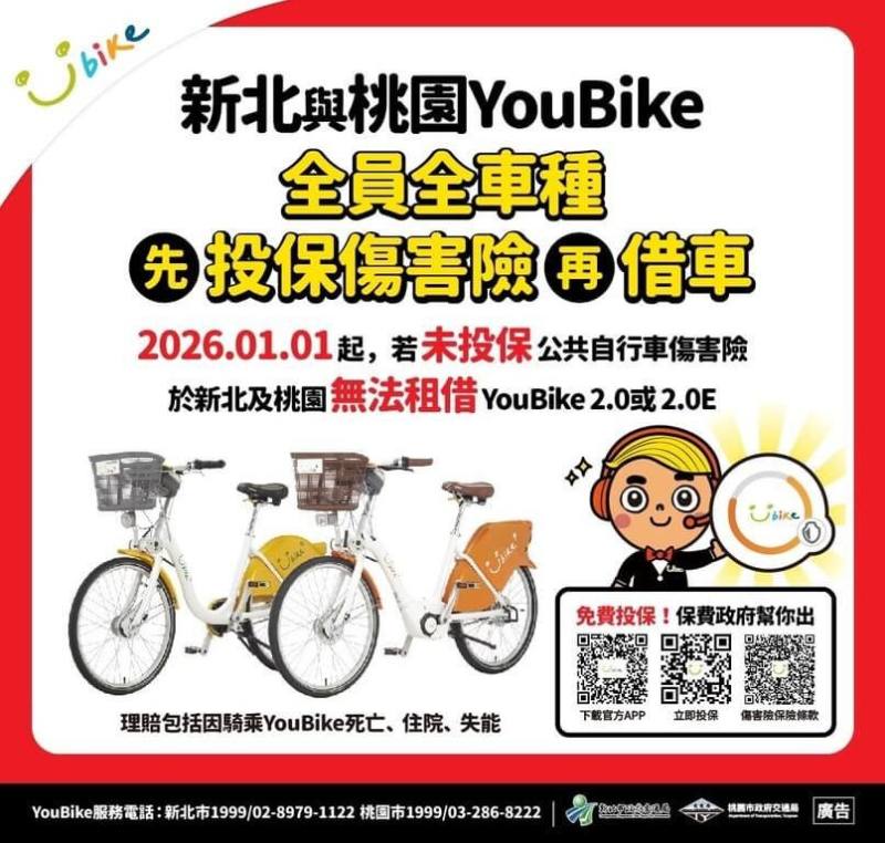 桃園市與新北市推動YouBike新制，民國115年元旦起正式上路，新舊會員及單次租借的臨時會員都必須強制投保傷害險，完成投保後才能租借使用YouBike2.0或2.0E。（桃園市交通局提供）