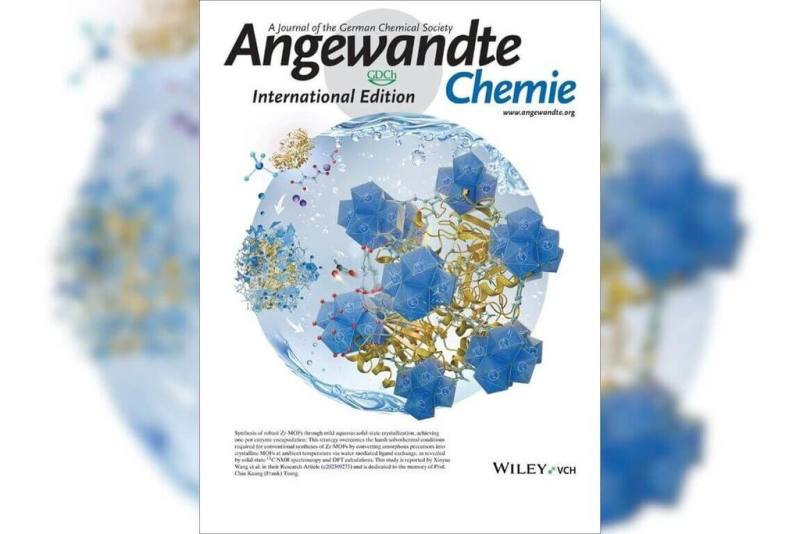 中央大學化學系教授謝發坤等人組成團隊開創「水相固相結晶」策略，能在近常溫常壓的水溶液中，組裝出堅固的鋯「金屬有機骨架」，並同步安全封裝酵素，研究成果獲刊國際期刊「德國應用化學」封面。（中大提供）