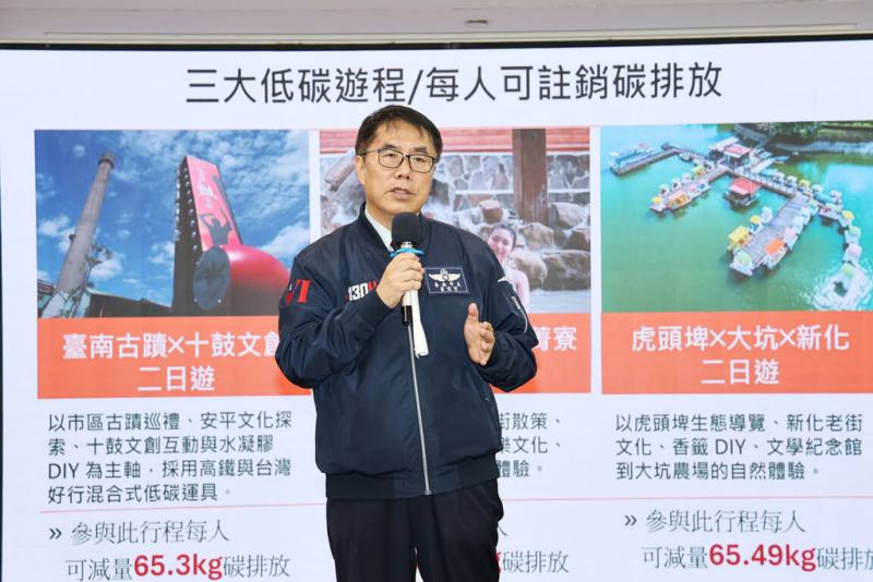 台南市長黃偉哲3日發表台南市3條減碳遊程，分別鎖定生態體驗、文創城市探索及特色溫泉文化，黃偉哲指出，旅遊難免產生碳排，重點不在追求零排放，而是在可行範圍內選擇碳排最低方式。（台南市政府提供）
