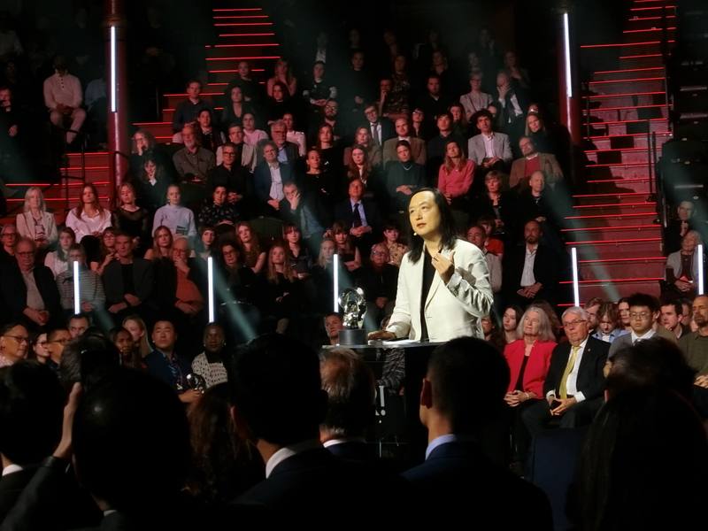Taiwan’s cyber ambassador-at-large, Audrey Tang (center), delivers her acceptance remarks at the Right Livelihood Awards ceremony in Stockholm, Sweden, Tuesday. CNA photo Dec. 3, 2025.