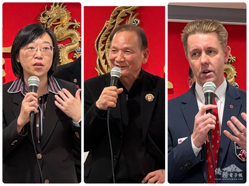 (由左至右)駐西雅圖辦事處林美呈處長、波特蘭高雄姊妹市協會陳紀昭會長、波特蘭玫瑰節基金會主席傑瑞米・艾默森分別致詞