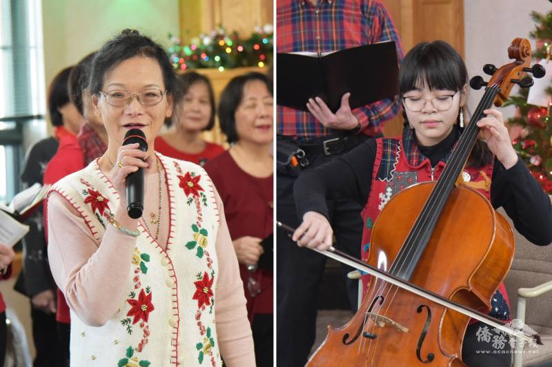 （左圖）瑞柏合唱團團長陳莉明致詞，（右圖）汪天添表演大提琴獨奏