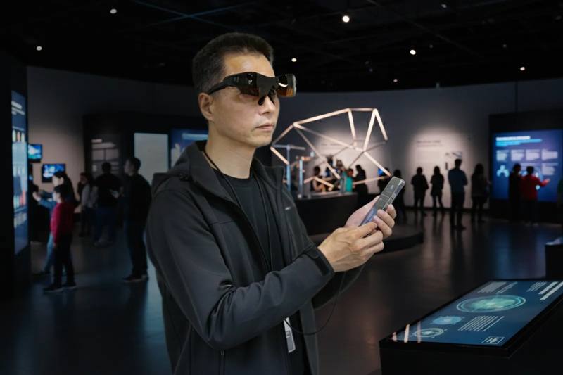 工研院整合AI與5G科技的新世代顯示器技術，攜手錼創顯示科技、追風科技打造出國內首支｢彩色高解析Micro LED AI智慧眼鏡｣，具備超高解析度、高亮度、低能耗等特性，將可應用在醫療、教育、工業製造等領域提供即時的輔助和指引，提升工作效率和精準度。圖為使用模擬情境