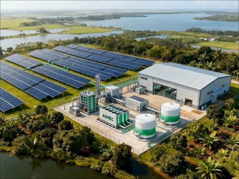 苗栗縣政府15日啟動「綠氫產業示範園區」BOT案，將以銅鑼鄉1.9公頃縣有地，作為綠氫製造、附屬矽氫相關技術應用及示範重要場域。圖為未來園區示意圖。（苗栗縣政府提供）