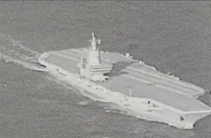 China’s new aircraft carrier Fujian appears in the Taiwan Strait on Tuesday. Image courtesy of the Ministry of National Defense