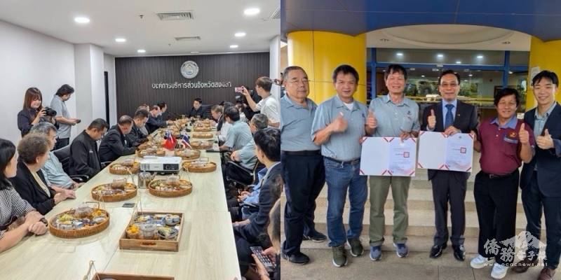 藍夏禮一行與宋卡市政府代表座談(左)；藍夏禮代表委員長徐佳青，頒給泰南台商會感謝狀，肯定辦理雙十慶典的積極與奉獻(右)