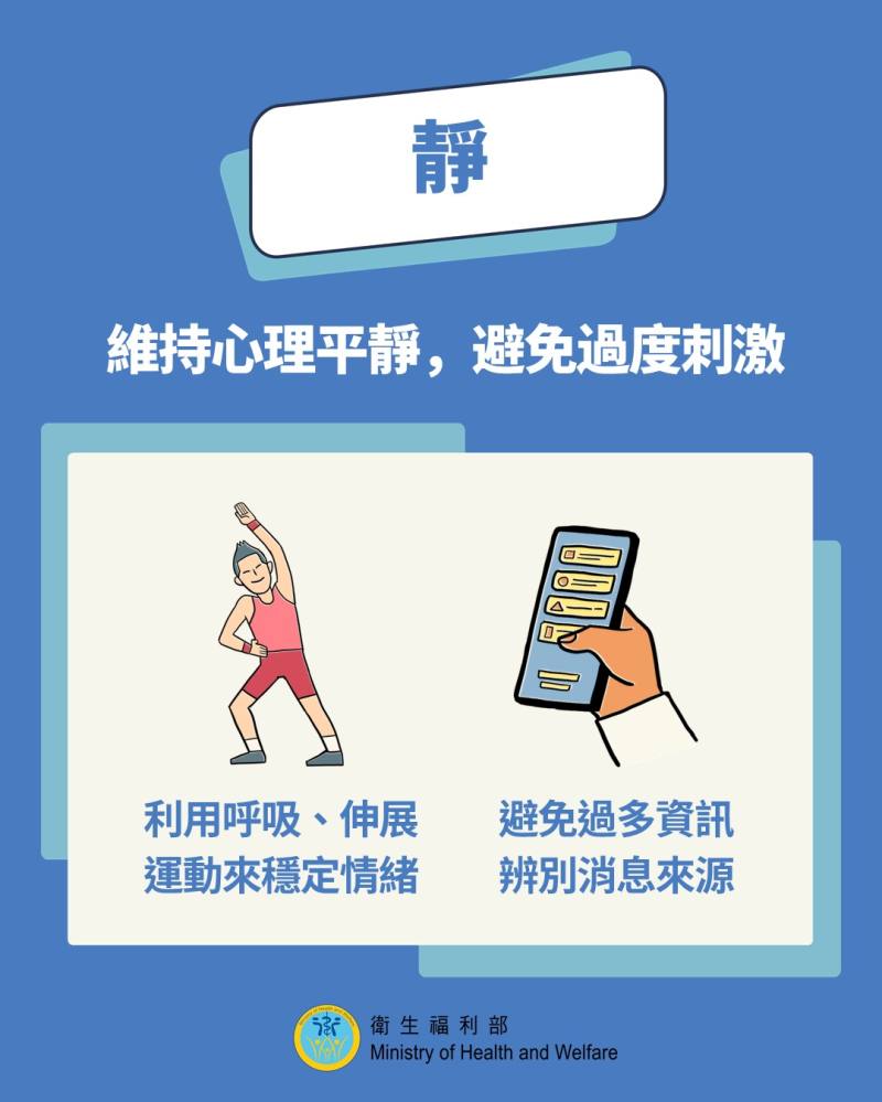 靜：透過深呼吸、伸展等方式穩定情緒，避免重複觀看或轉發緊張事件資訊造成心理刺激。