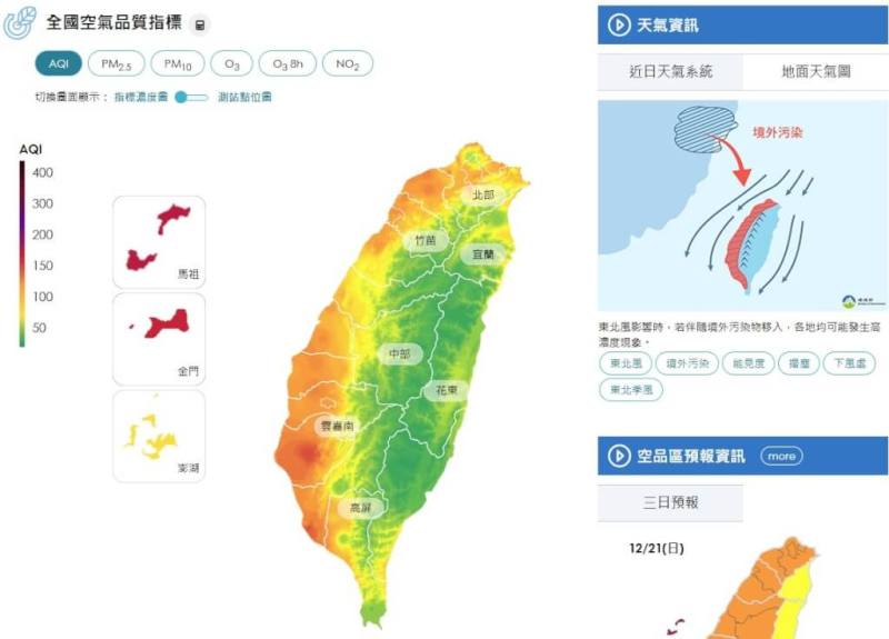 東北季風挾帶境外污染物影響，截至上午11時，西半部空氣品質多呈橘色提醒等級，金馬地區已亮紅燈，主要污染物為細懸浮微粒。（圖取自環境部空氣品質監測網airtw.moenv.gov.tw）