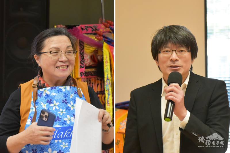 (左圖) 美國中西部客家同鄉會會長張玉芳、(右圖) 文教中心主任蔡季穎致詞