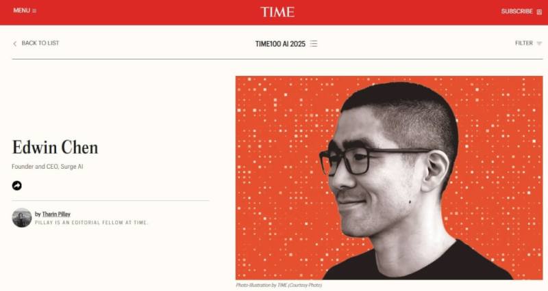 Edwin Chen是今年「富比世」雜誌美國前400大富豪當中最年輕的入榜者，也是今年時代雜誌的AI領域百大影響力人物。（圖取自時代雜誌網頁time.com）