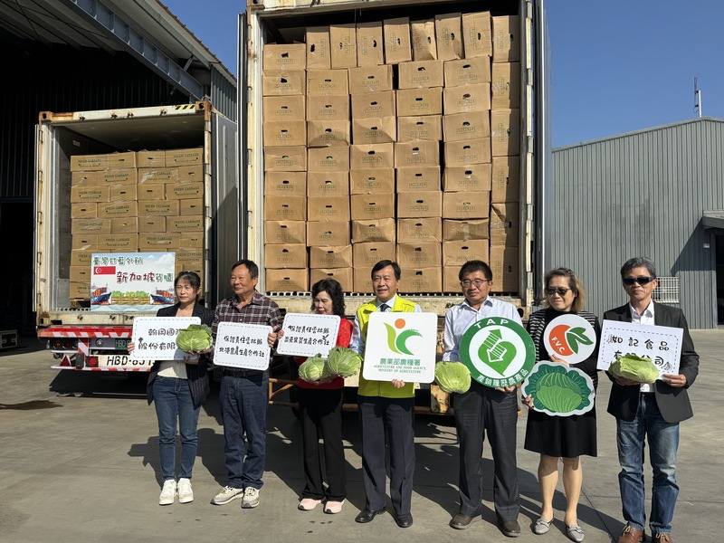 高麗菜進入盛產期，目前市場價格每公斤均價10元，農糧署23日辦理出口封櫃儀式，預計農曆過年前出口9櫃、約162公噸出口到新加坡，向世界分享台灣高麗菜的鮮甜好滋味。農糧署長姚士源（中）等人出席活動