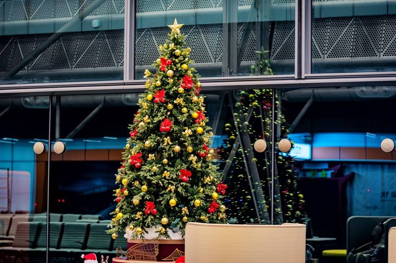 耶誕節將屆，桃園國際機場股份有限公司在試營運中的第3航廈北廊廳D15區，設置4.2公尺高耶誕樹裝置藝術，並以金色球飾、璀璨燈光與鮮紅花束妝點。