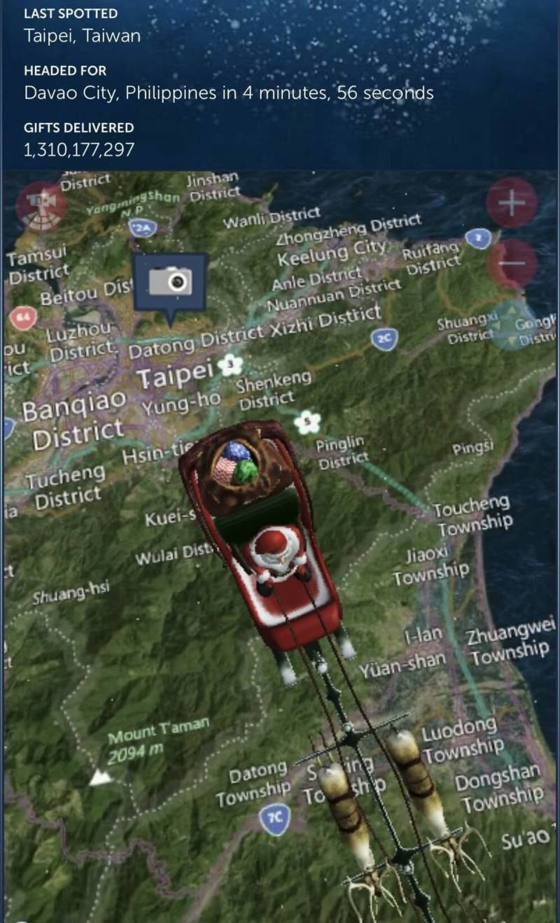 北美航太防衛司令部每年平安夜都會透過雷達系統，追蹤耶誕老人全球送禮之旅。官網指出，耶誕老人已於24日晚間22時41分飛越台灣上空。（圖取自x.com/MoNDefense）