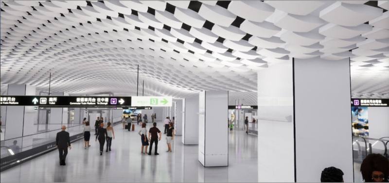 桃園機場捷運與桃園國際機場第3航廈站共構的A14站工程進入關鍵階段，交通部鐵道局26日公布A14站天花板預覽示意圖，以白色為主色調，設計與3航廈波浪起伏設計相呼應。（交通部鐵道局提供）