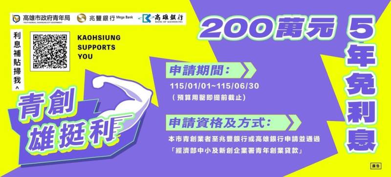 高雄「雄挺利」青年創業貸款利息補貼計畫第2期，將在2026年元旦起開放申請。（高雄市青年局提供）