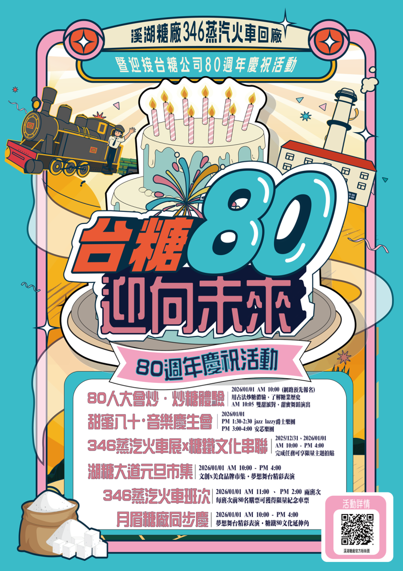 為歡慶台糖80週年，溪湖糖廠將於元旦假期舉辦「台糖80‧迎向未來」慶祝活動。