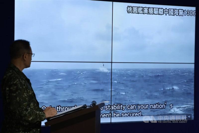On the second day of China’s military drills targeting Taiwan on Tuesday, Taiwan’s Ministry of National Defense releases footage during a press conference showing the ROC Navy’s Taoyuan-class patrol vessel broadcasting warnings to drive away a Chinese Coa