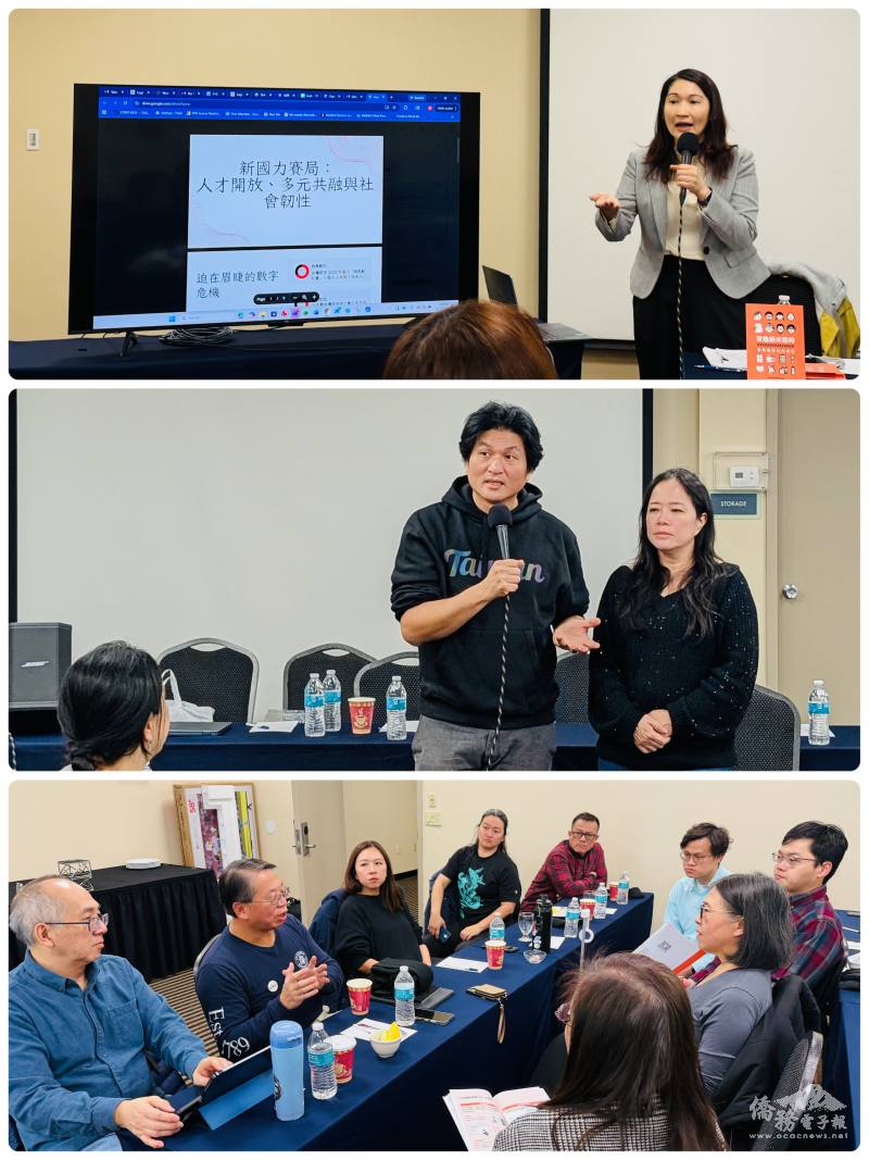 (上) 紐約文教中心主任王怡如分享「人力資源韌性」(中)僑務委員許伯丞與北澤西台灣同鄉會會長呂綺偉主持兵棋推演 (下)呂佩璜與江明信帶領「募物資組」討論後勤需求與物資盤點方向。