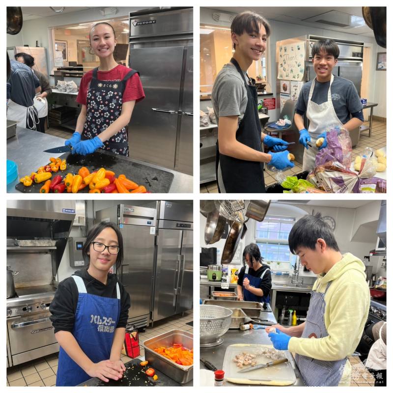 Student volunteers prepare fresh ingredients at Homeless Solutions, sharing smiles and moments of connection that made the day especially meaningful.
