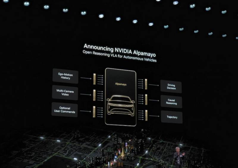 輝達（NVIDIA）執行長黃仁勳6日在美國消費性電子展（CES）發表全新自駕車AI技術Alpamayo，具備思考與推理能力。（圖取自NVIDIA YouTube網頁youtube.com）